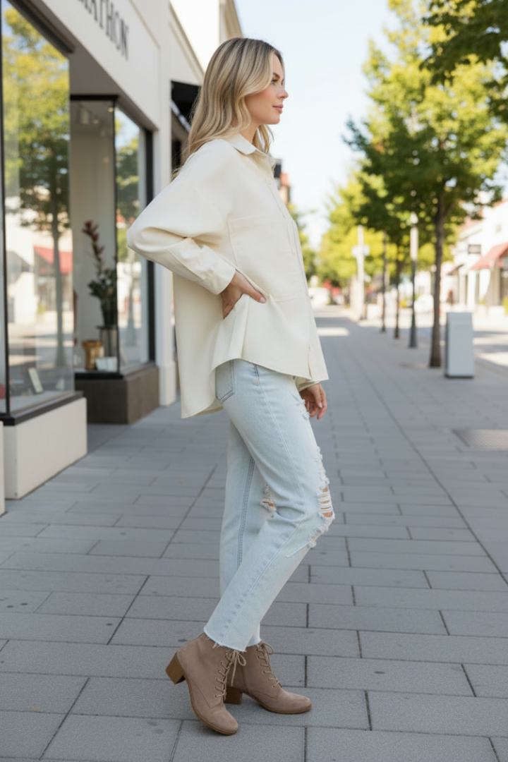 HEATHER GREY COTTON COLLARED PATCH POCKET SHIRT TOP T7649