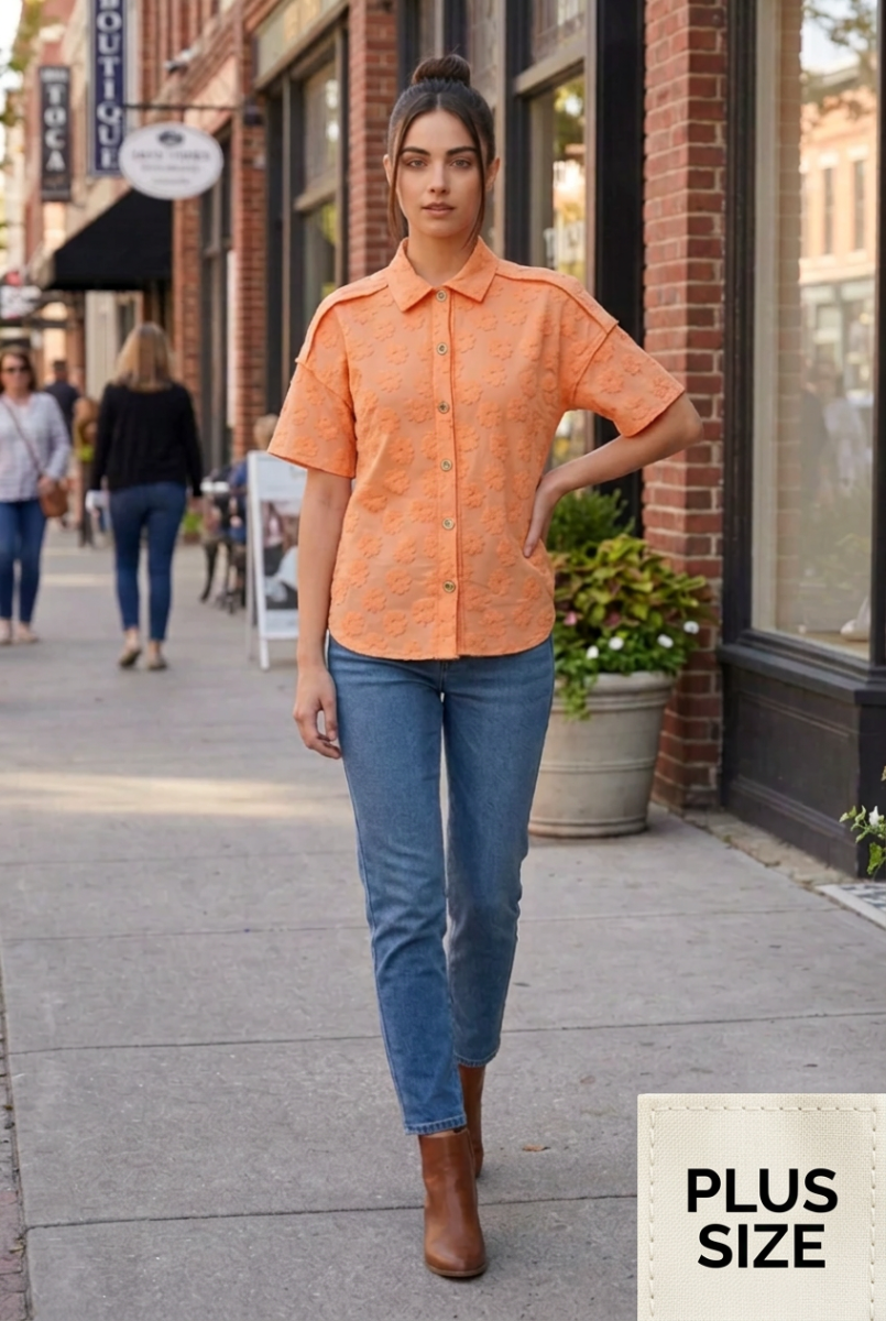 PLUS SIZE BUTTON DOWN SHORT SLEVE TOP HMET7805-12