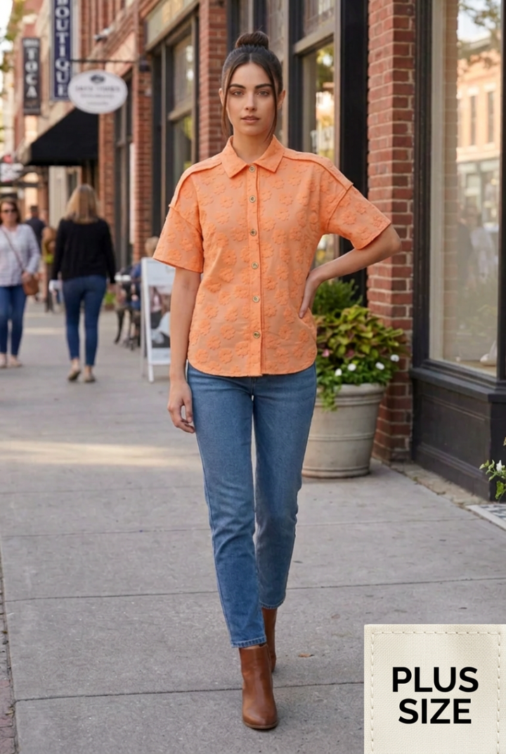 PLUS SIZE BUTTON DOWN SHORT SLEVE TOP HMET7805-12
