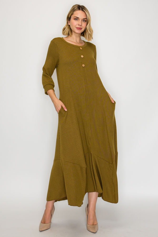 ASYMMETRIC HEMLINE 3/4 SLEEVES DRESS WITH SIDE POCKETS