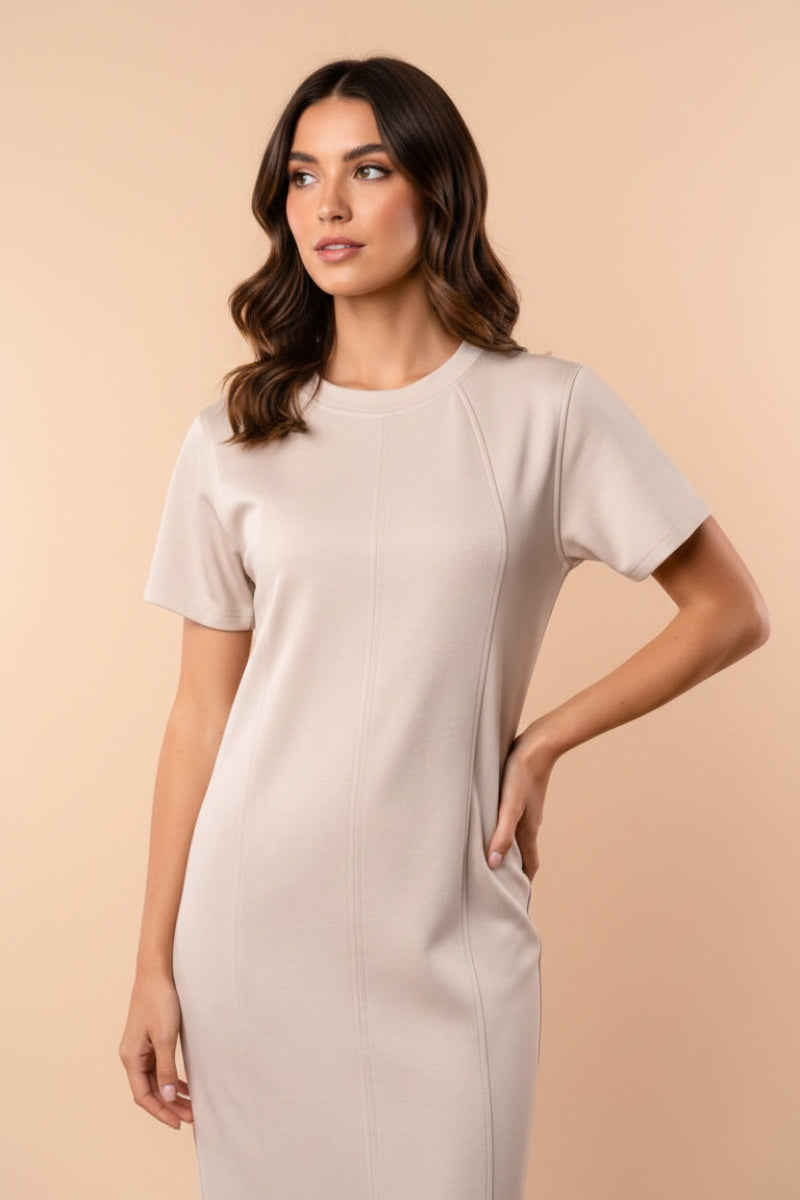 SHORT SLEEVE SOLID KNIT MIDI DRESS