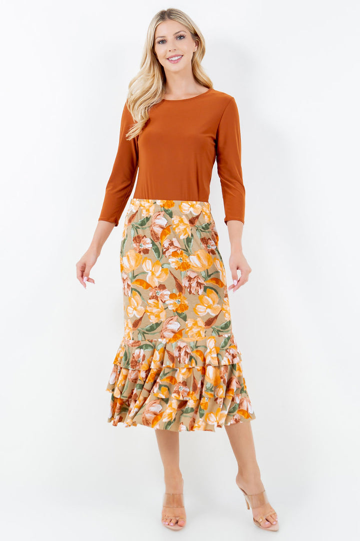 PLUS SIZE A-LINE RUFFLE MIDI SKIRT