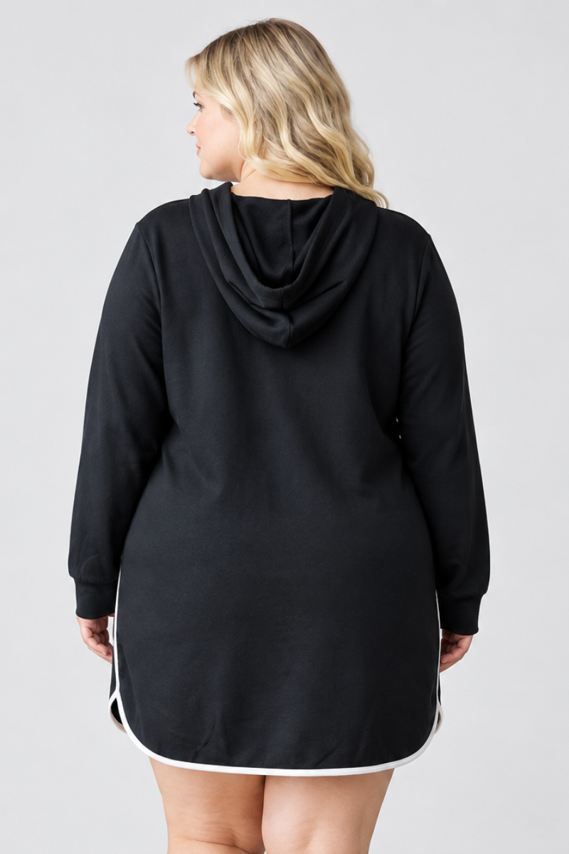 PLUS SIZE DRAWSTRING HOODIE W/ BINDING DETAIL MINI DRESS HMED6798