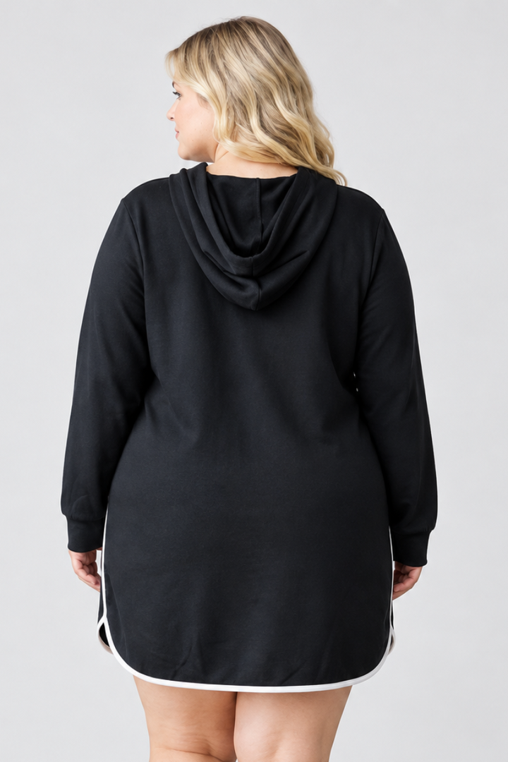 PLUS SIZE DRAWSTRING HOODIE W/ BINDING DETAIL MINI DRESS HMED6798