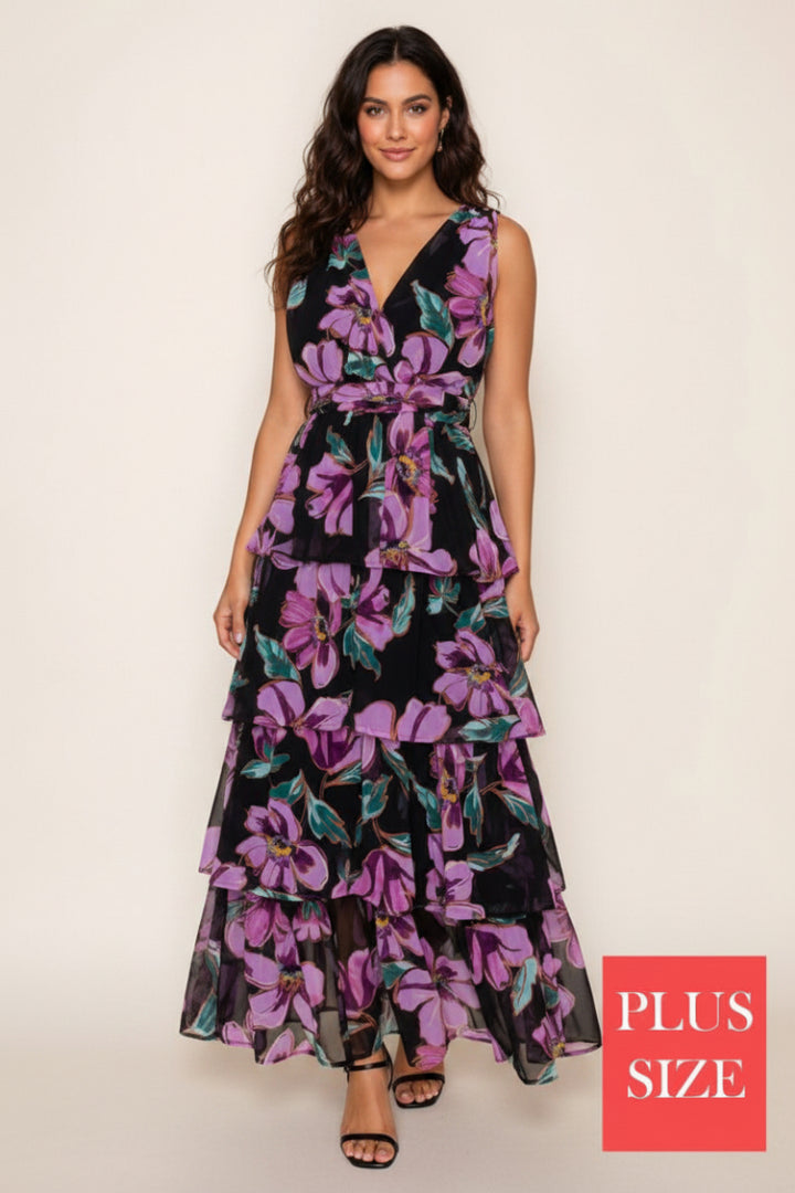 PLUS SIZE SLEEVELESS FLORAL PRINT MAXI DRESS
