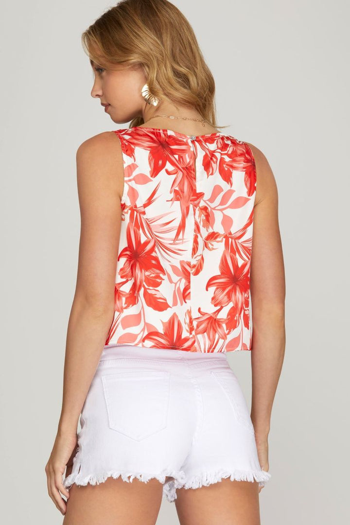 BLUE FLORAL COWL NECK SLEEVELESS SATIN TOP SKSY6746-T