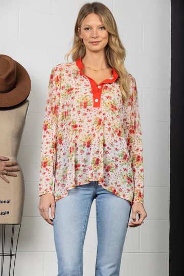 BURGUNDY MANDARIN COLLAR SILHOUETTE TOP-T7538