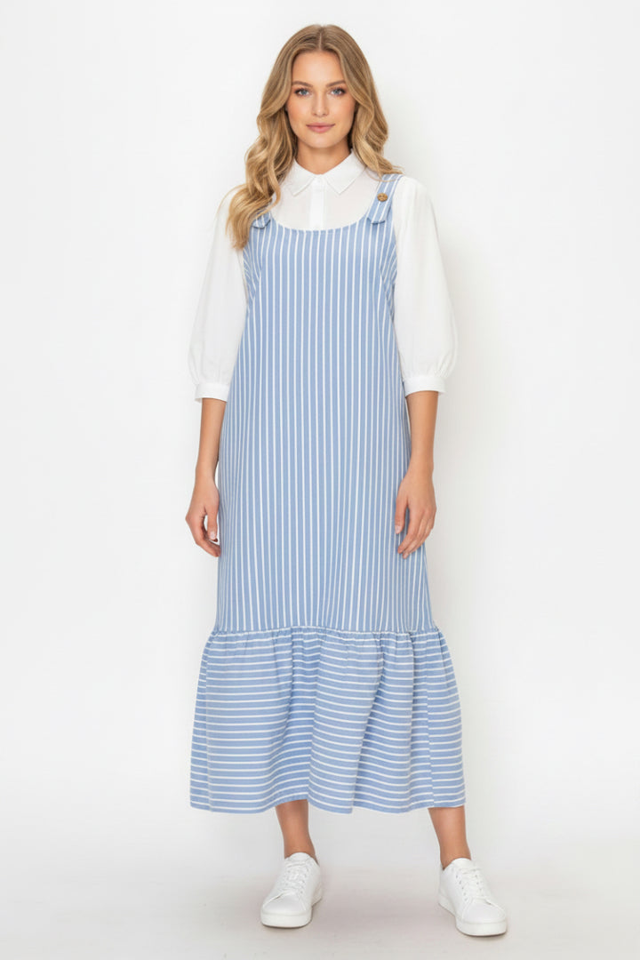 PLUS SIZE LIGHT BLUE AND WHITE VERTICAL STRIPED MIDI JUMPER DRESS-SHVL5867