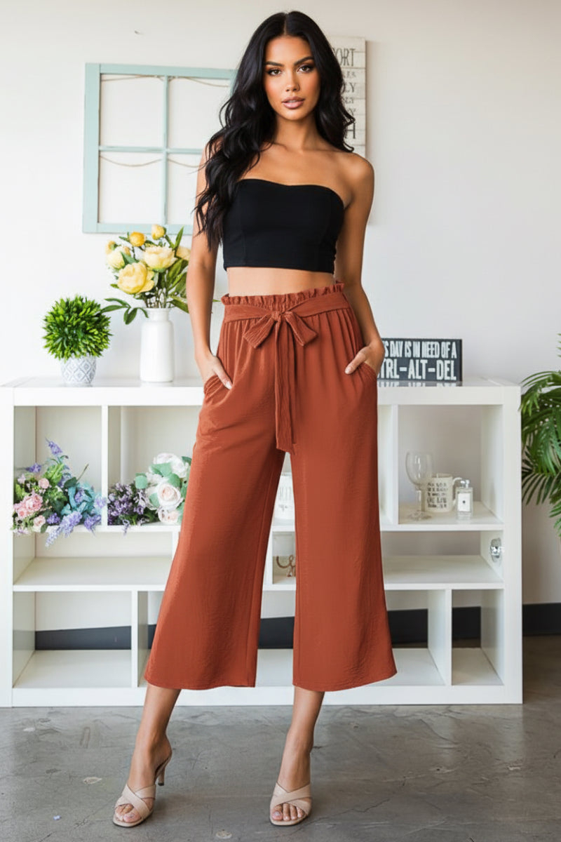 PAPERBAG WAISTBAND SOLID WOVEN CULOTTES PANTS-HMEP6735-10
