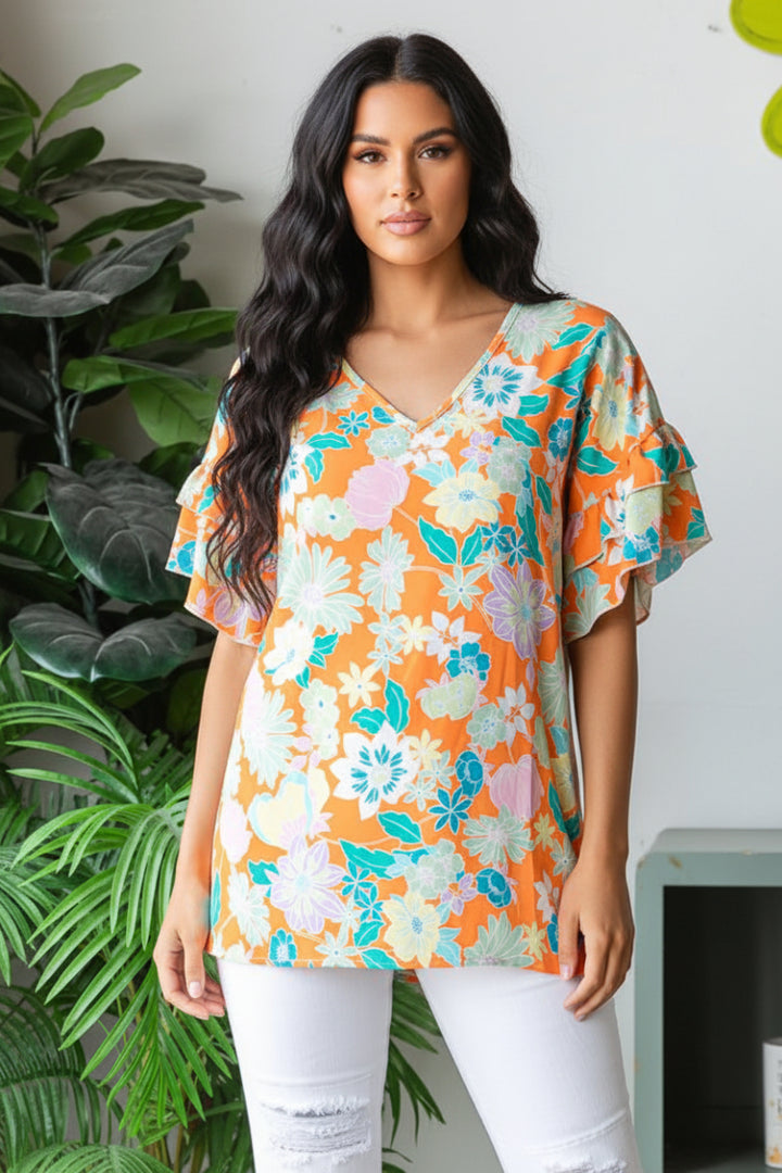 ORANGE FLORAL PRINT DOUBLE RUFFLED V-NECK TOP HMET7105-13