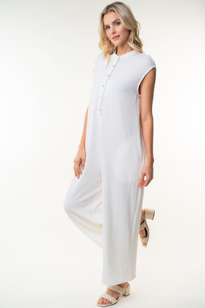 SLEEVELESS SOLID KNIT JUMPSUITE WITH HALF BUTTON UP