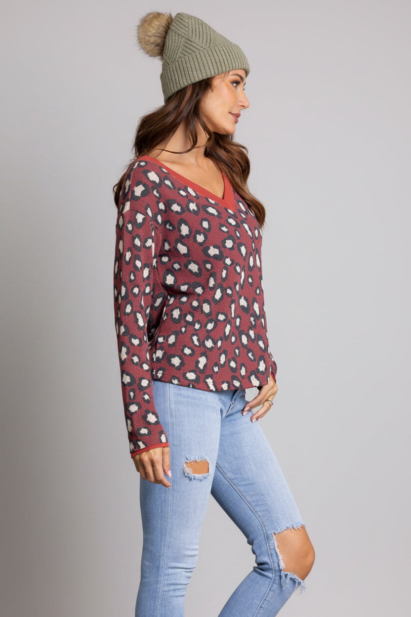 CHEETAH PRINT LACE-UP BACK KNIT TOP TY10840-