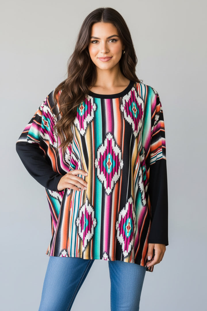 MULTICOLOR AZTEC PRINT LONG SLEEVE TOP HMST2117