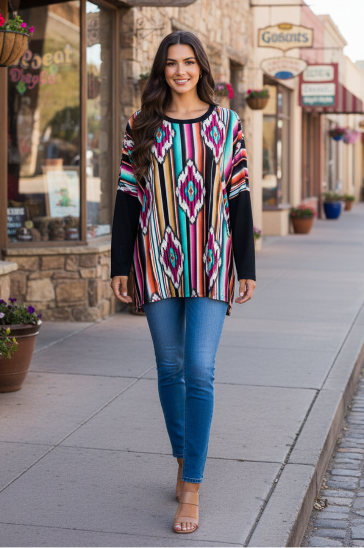 MULTICOLOR AZTEC PRINT LONG SLEEVE TOP HMST2117