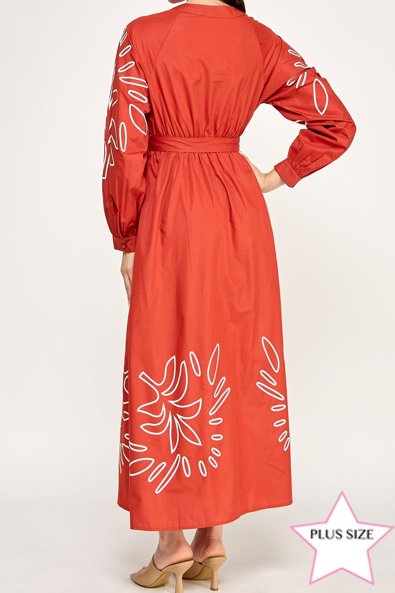 LONG SEEVE PLUS SIZE MAXI EMBROIDERED DRESS