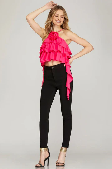 BLACK HALTER ROSETTE RUFFLED DETAILED WOVEN TOP SKSY6697