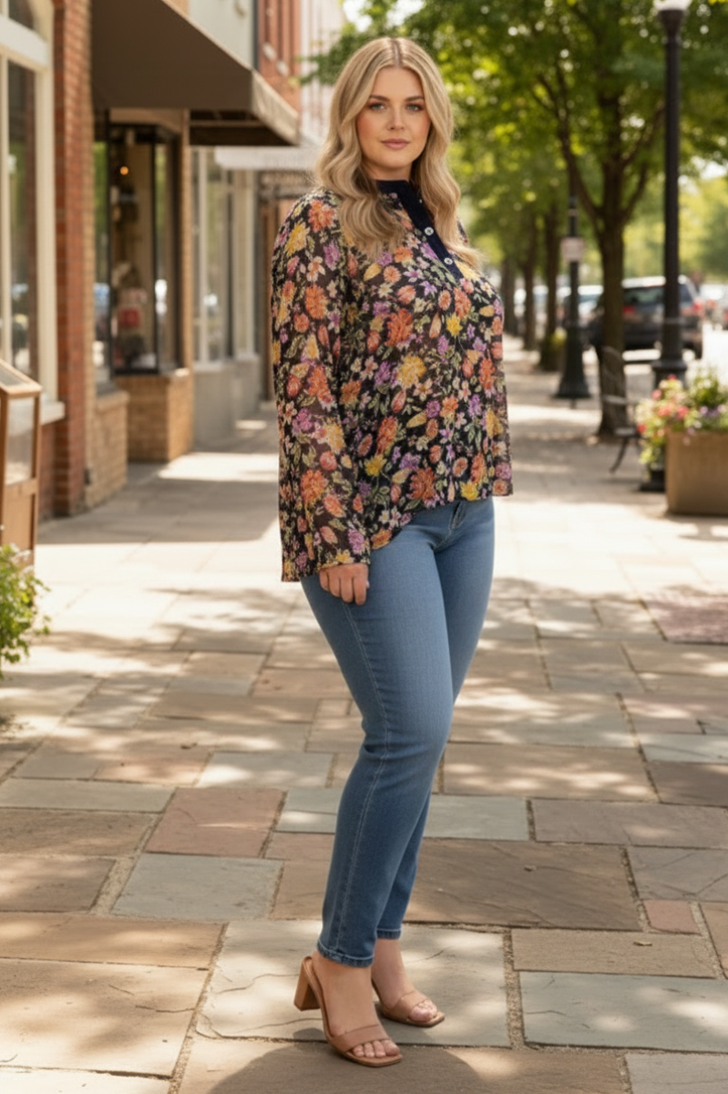 MANDARIN COLLAR FLORAL PRINT PLUS SIZE TOP T7538-