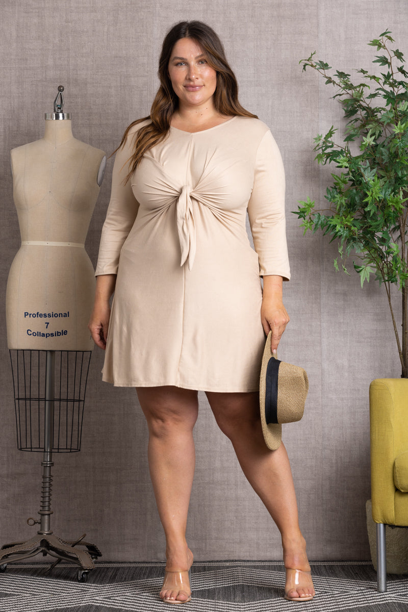 SELF-TIE FRONT LONG SLEEVES PLUS SIZE MINI DRESS D1060