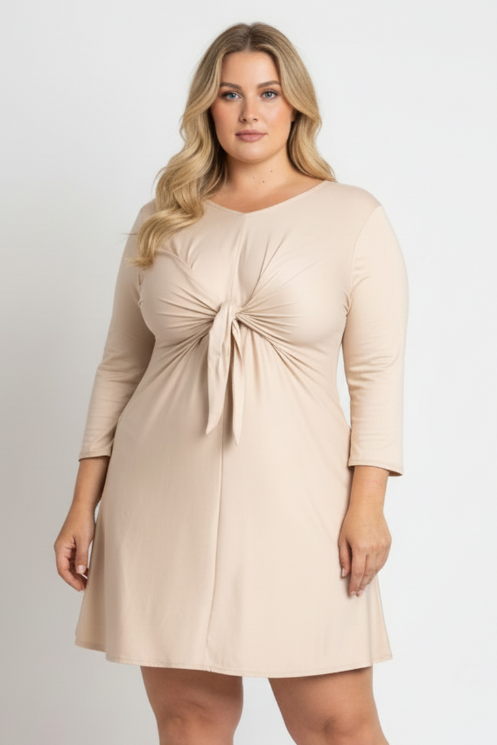 SELF-TIE FRONT LONG SLEEVES PLUS SIZE MINI DRESS D1060