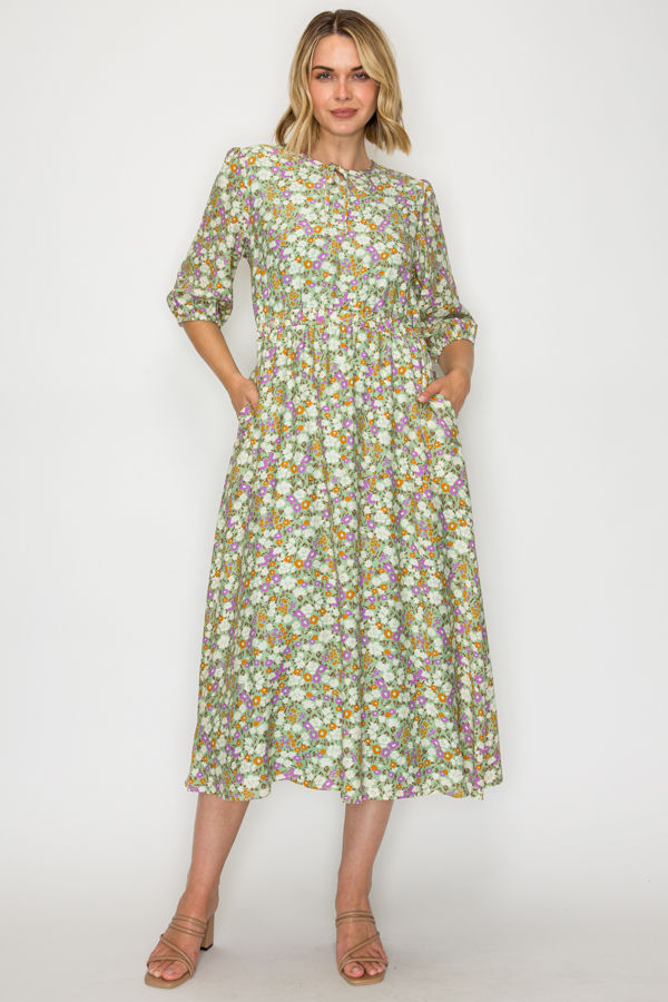 PLUS SIZE FLORAL BOHO MIDI DRESS WITH SIDE POCKETS