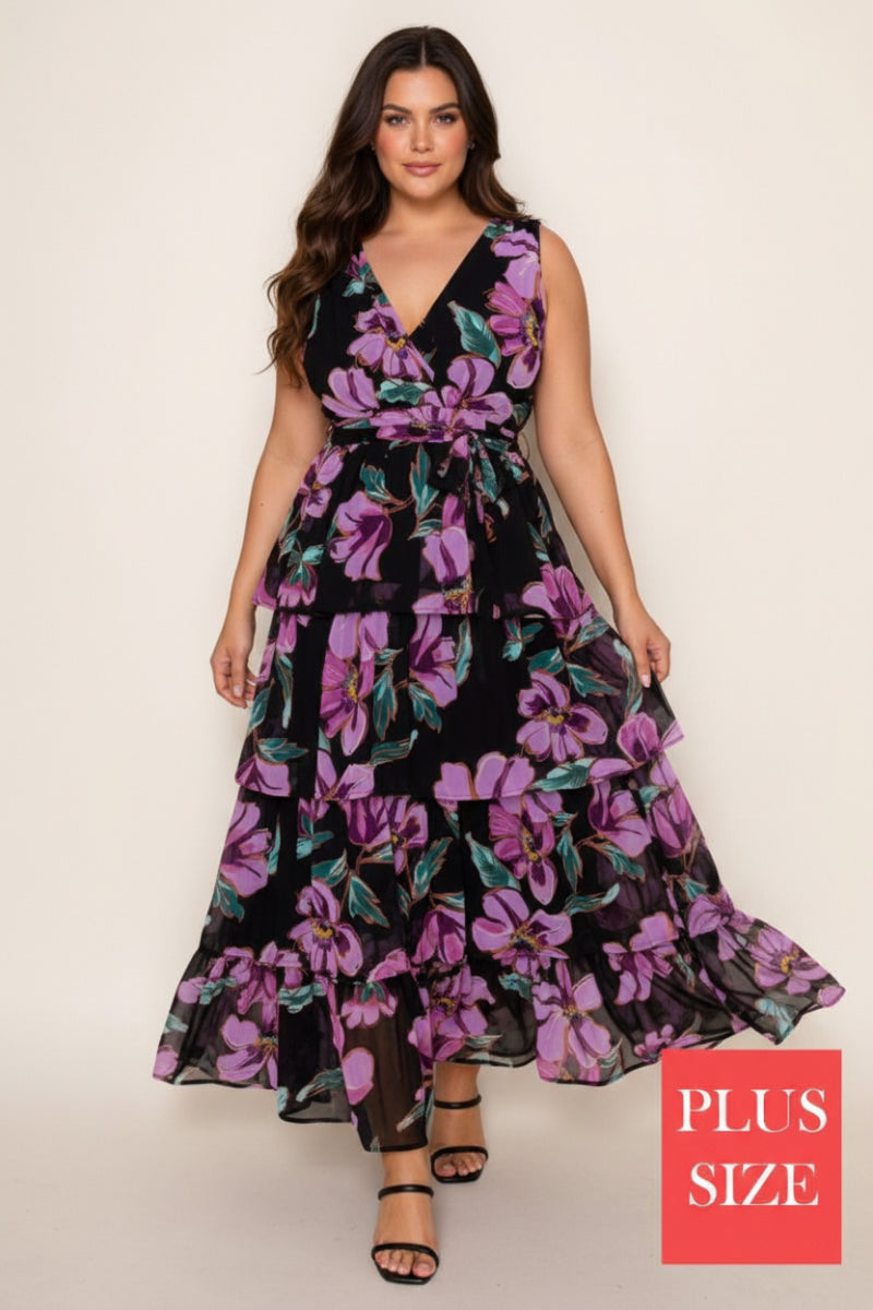 PLUS SIZE SLEEVELESS FLORAL PRINT MAXI DRESS