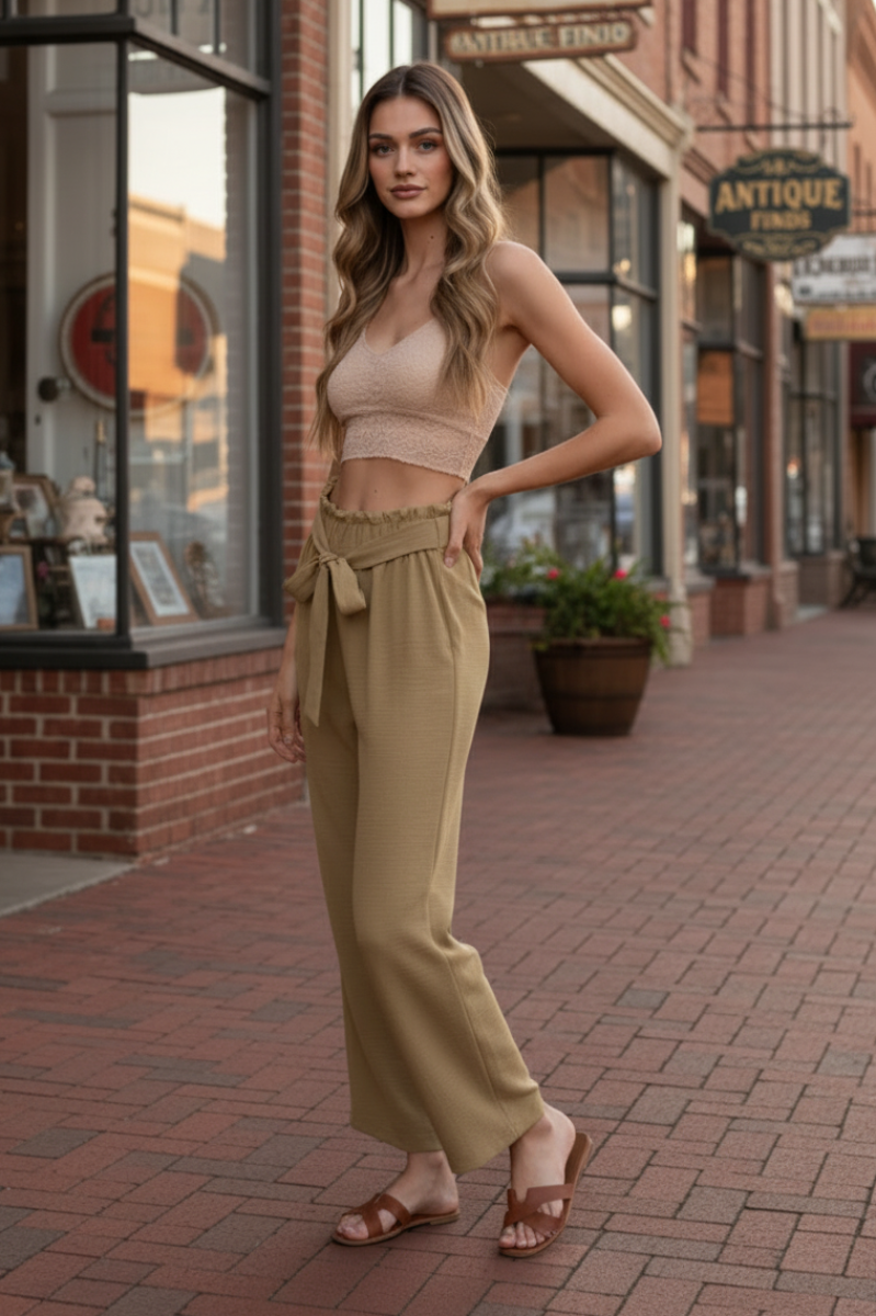 PLUS SIZE SOLID CASUAL PANTS WITH PAPERBAG WAISTBAND-HMET6700