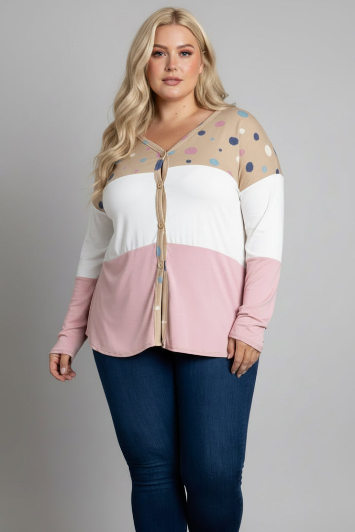 POLKADOT COLOR BLOCK BUTTON DOWN PLUS SIZE SWEATER-CT43590DX-