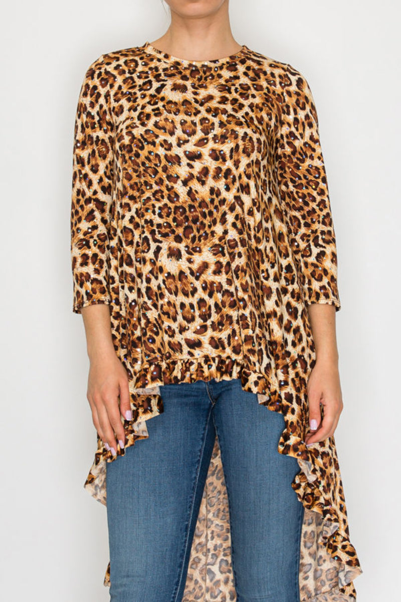 PLUS SIZE 3/4 SLEEVES HIGH LOW TUNIC TOP RUFFLED DETAIL-SHB5789-R