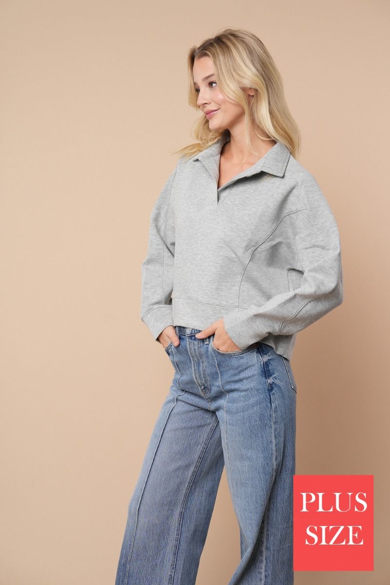 LONG SLEEVE PLUS SIZE SOLID KNIT COLLAR FEATURING TOP