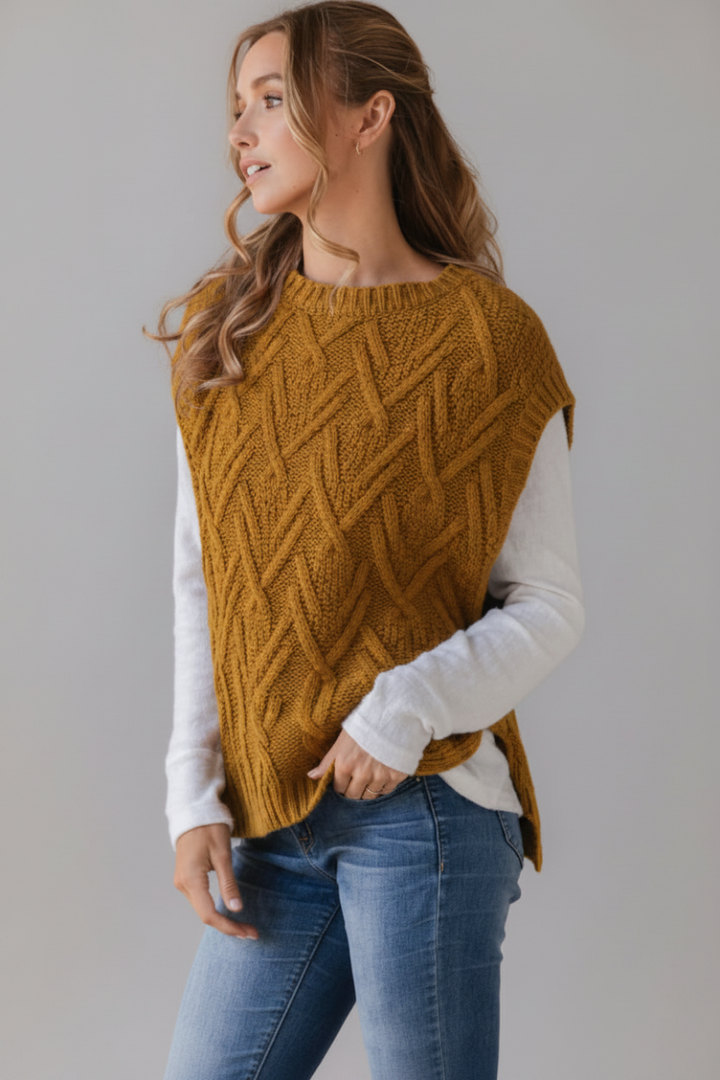 MUSTARD CABLE KNIT SWEATER VEST TIS12282-