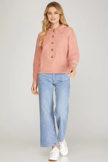 NOTCH BECK BUTTON DOWN LONG SLEEVES SWEATER TOP SKSY5410