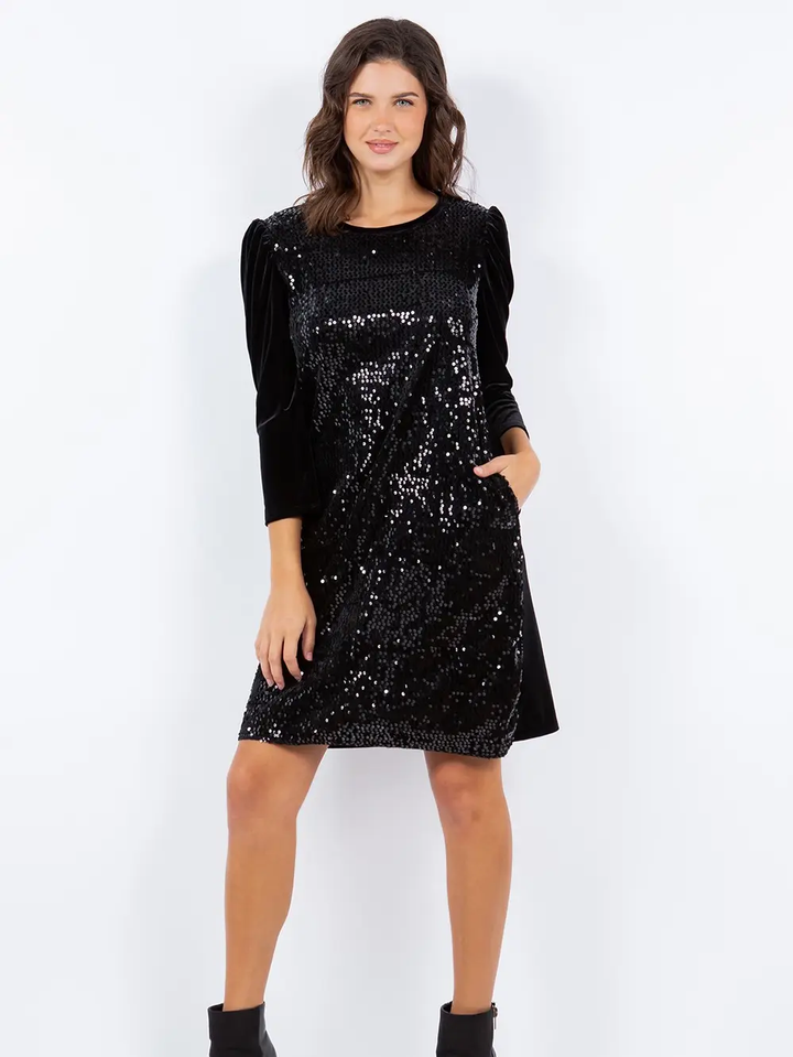 BLACK SEQUINS DETAIL VELVET CONTRAST PLUS SIZE MINI DRESS-SHVC5792X