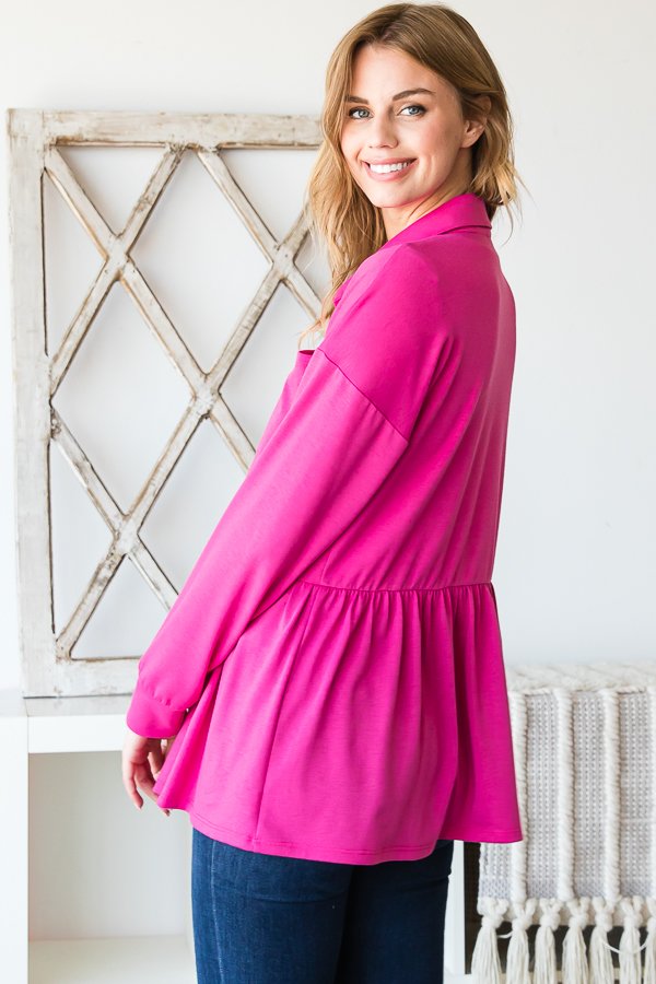 LONG PUFF SLEEVE BASIC COLLAR SOLID BUTTON DOWN JACKET WITH FRONT POCKET AND SHIRRIND DETAIL