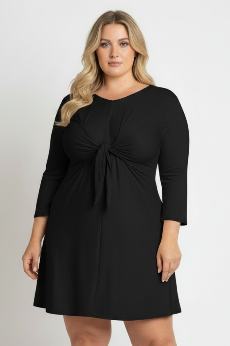 SELF-TIE FRONT LONG SLEEVES PLUS SIZE MINI DRESS D1060