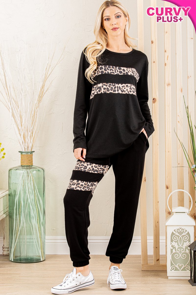 ROUND NECK SOLID AND ANIMAL LEOPARD PRINT CONTRAST TOP