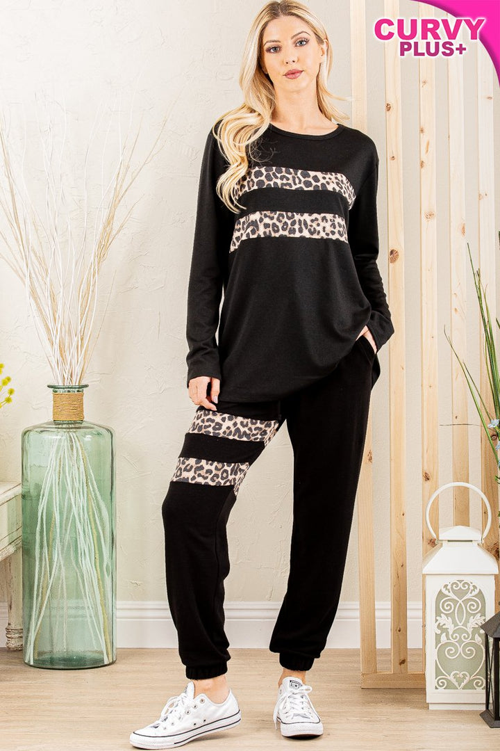 ROUND NECK SOLID AND ANIMAL LEOPARD PRINT CONTRAST TOP