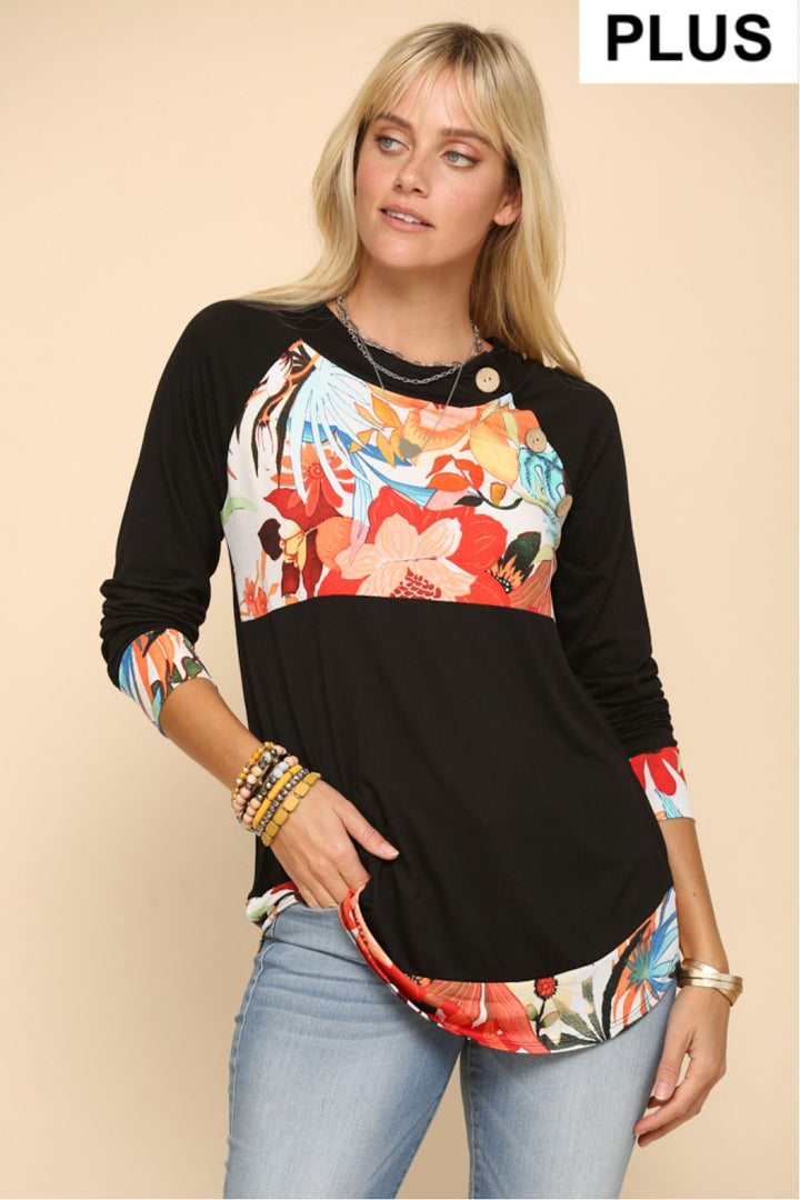 PLUS TROPICAL PRINT RAGLAN TOP-CLCT43592J