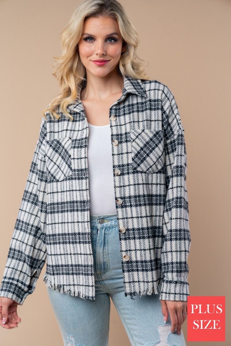 BUTTON DONE PLUS SIZE PLAID WOVEN SHACKET