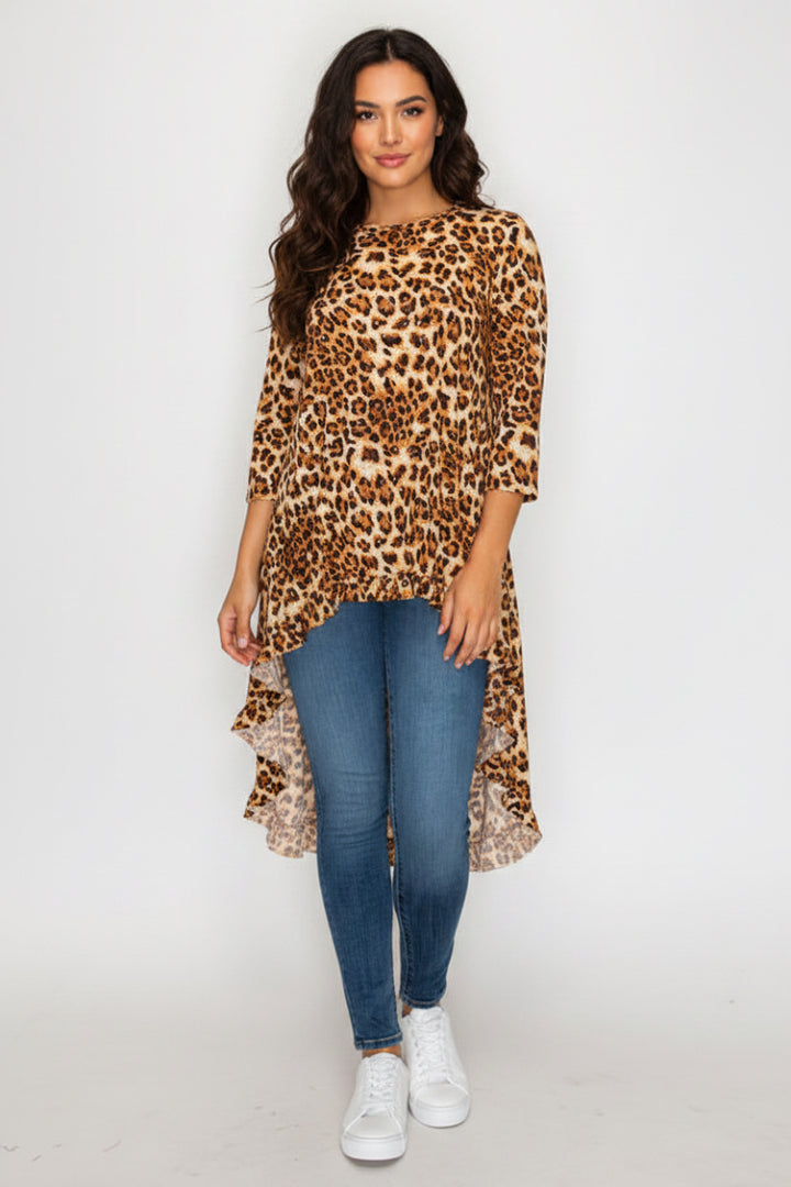 PLUS SIZE 3/4 SLEEVES HIGH LOW TUNIC TOP RUFFLED DETAIL-SHB5789-R