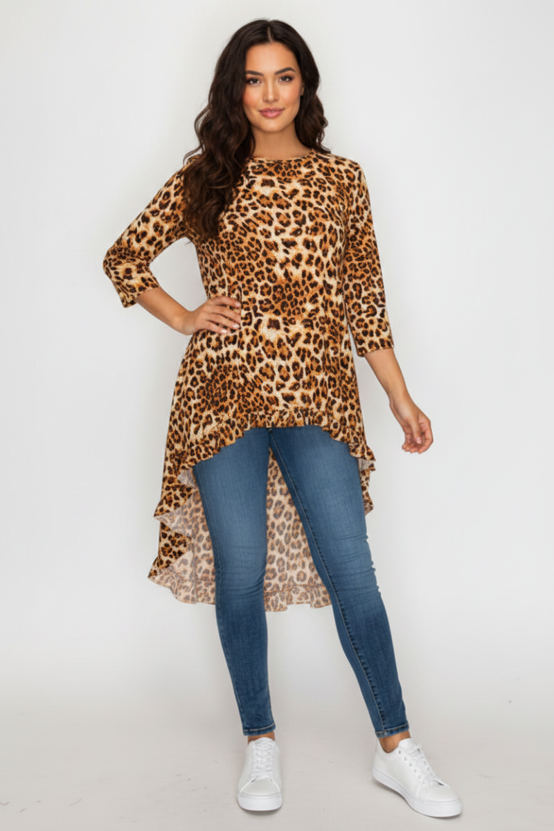PLUS SIZE 3/4 SLEEVES HIGH LOW TUNIC TOP RUFFLED DETAIL-SHB5789-R