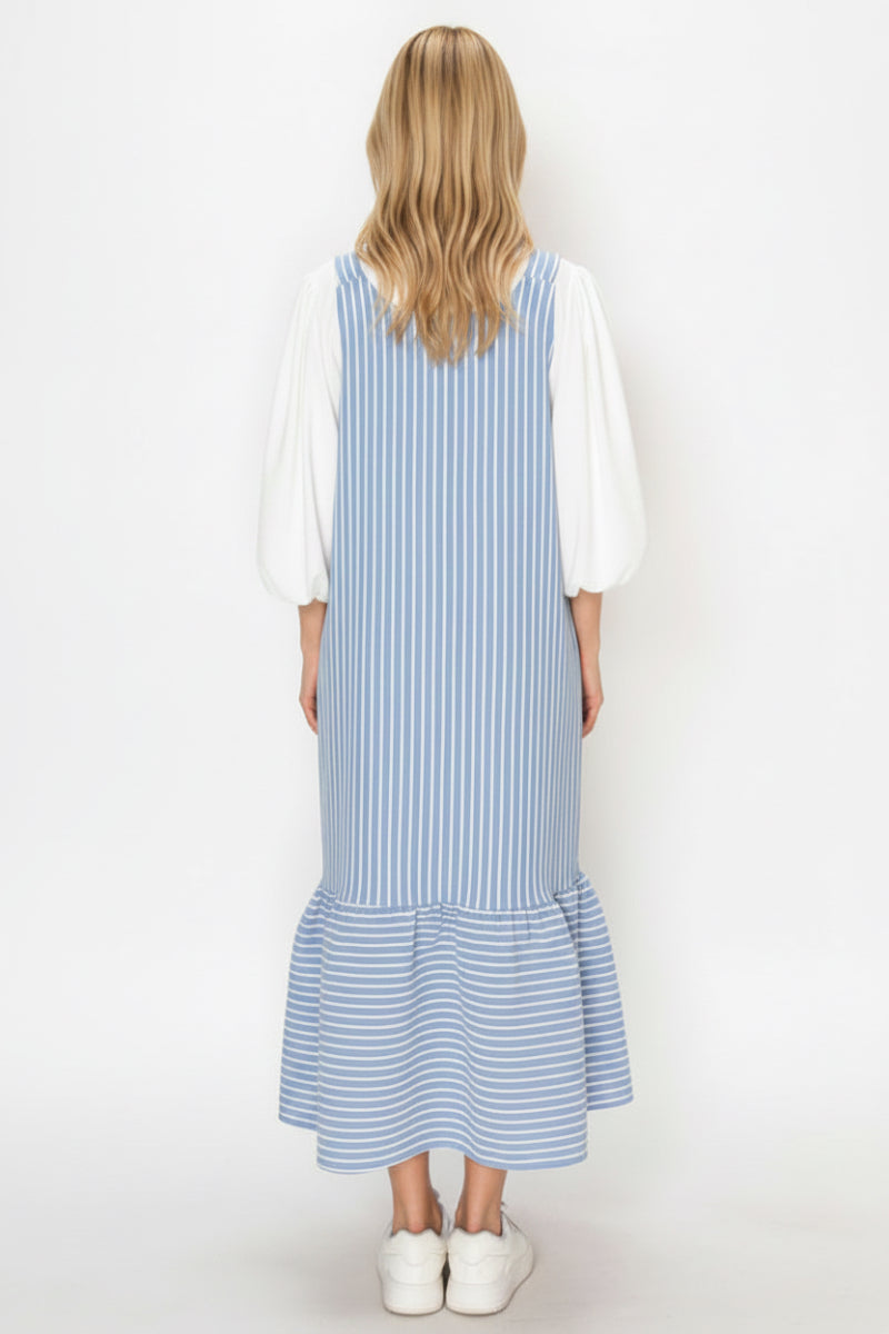 PLUS SIZE LIGHT BLUE AND WHITE VERTICAL STRIPED MIDI JUMPER DRESS-SHVL5867