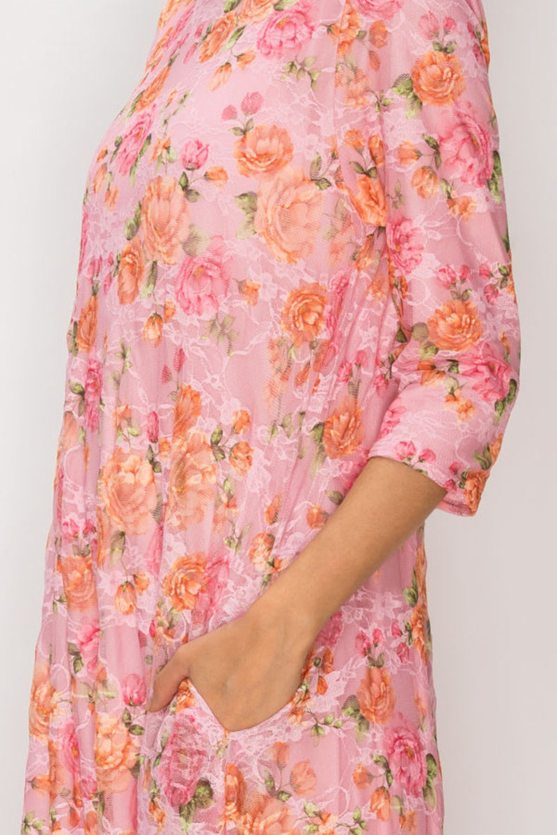 FLORAL LACE, DESIGNED WITH A MODEST ROUND NECK MIDI DRESS