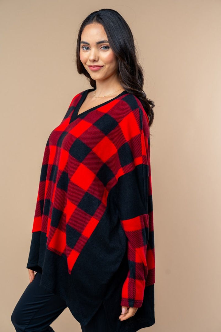 LONG SLEEVE PLUS SIZE CHECK KNIT TOP-T25702P