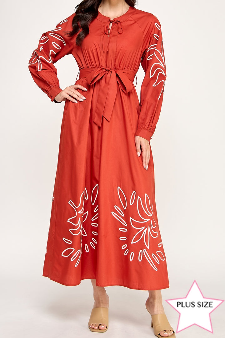 LONG SEEVE PLUS SIZE MAXI EMBROIDERED DRESS