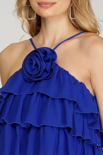 BLACK HALTER ROSETTE RUFFLED DETAILED WOVEN TOP SKSY6697