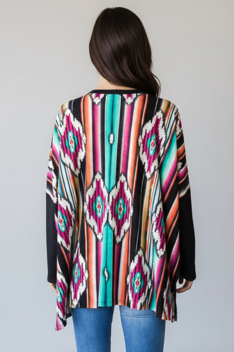MULTICOLOR AZTEC PRINT LONG SLEEVE TOP HMST2117