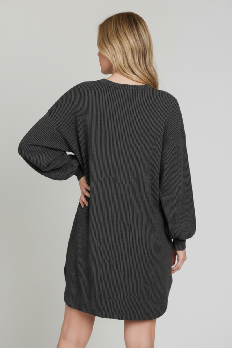 LONG PUFF SLEEVE SOLID URBAN RIBBED MINI DRESS