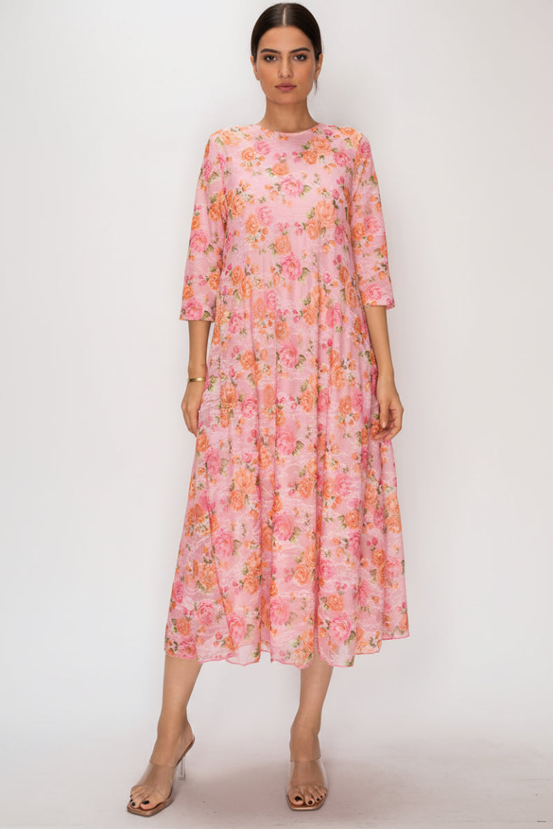 FLORAL LACE, DESIGNED WITH A MODEST ROUND NECK MIDI DRESS
