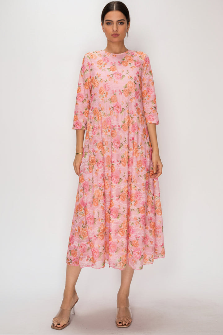 FLORAL LACE, DESIGNED WITH A MODEST ROUND NECK MIDI DRESS