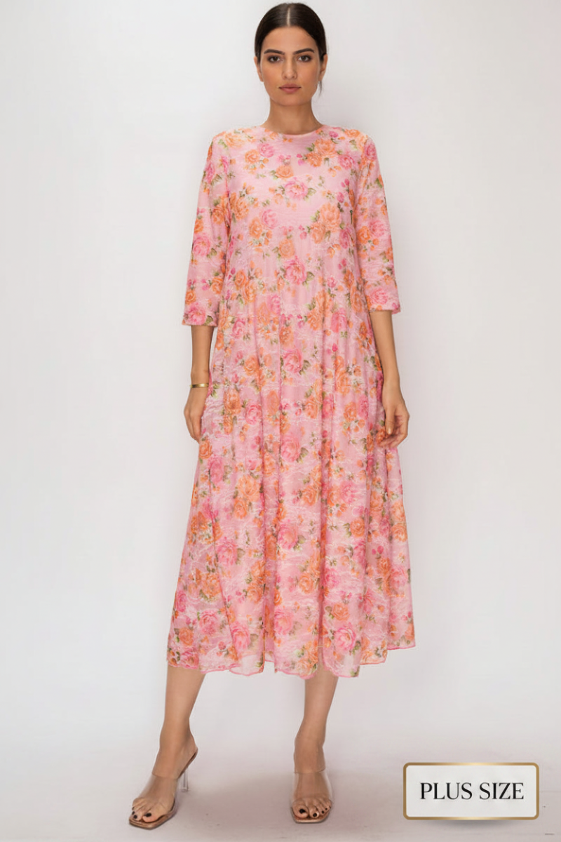 PLUS SIZE FLORAL LACE, DESIGNED WITH A MODEST ROUND NECK MIDI DRESS